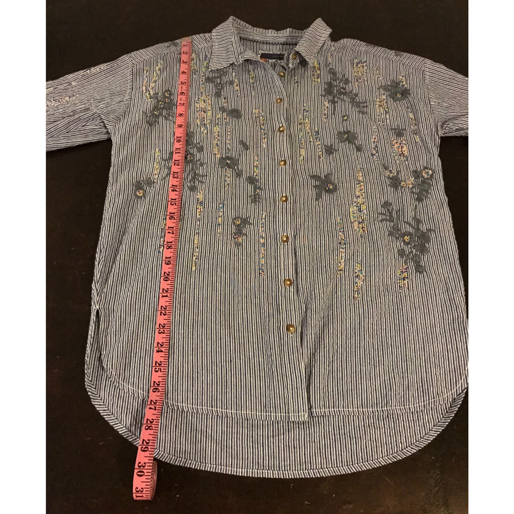 Anthropologie Pilcro XS Blue Stripe Embroidered Beaded Button Down Shirt - Picture 7 of 10